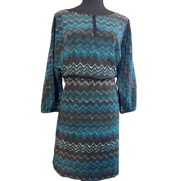 LOFT Dresses & Skirts - Ann Taylor Loft Keyhole Chevron Striped Teal Black White Blouson Dress Large